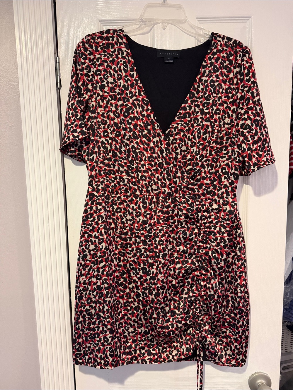 Red, Black & Cream leopard print Faux-Wrap Mini Dress
